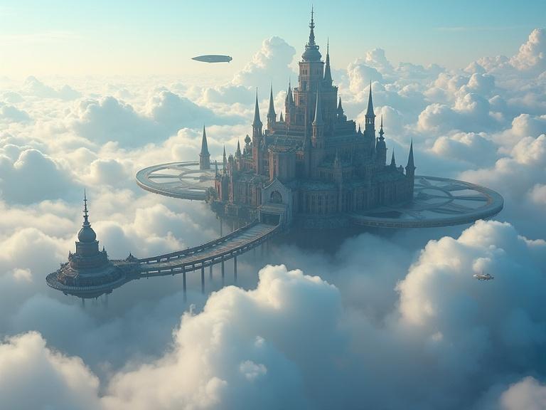 A fantasy scene featuring a floating city in the clouds with grand architecture. Castle surrounded by fluffy clouds with sky bridges connecting to other structures. Airships sailing nearby. Bright and whimsical atmosphere.