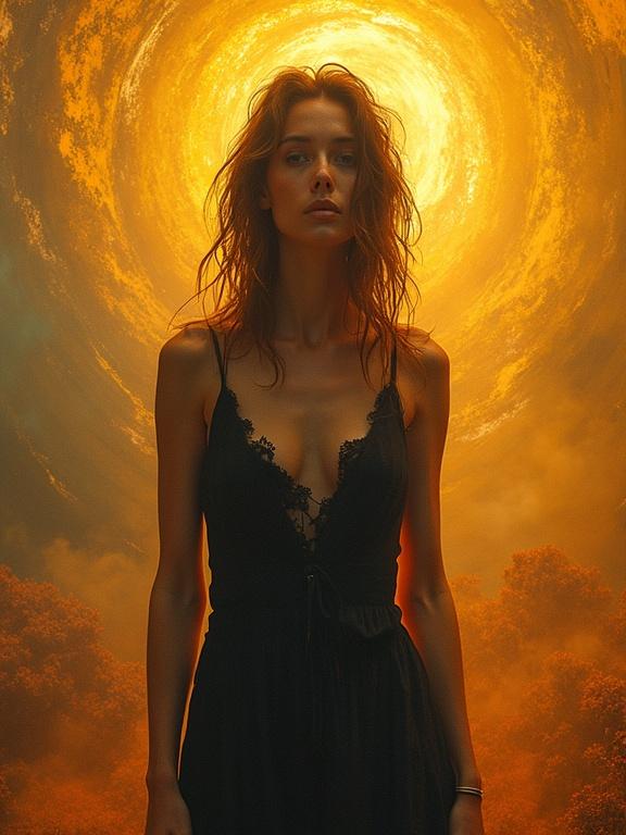 Energetic portrait of woman in swirling landscape. Subject displays deep disappointment with disoriented expression. Warm amber and gold hues with contrasting shadows. Background features abstract patterns enhancing surreal atmosphere. 300 dpi, breathtaking sharpness, masterpiece.