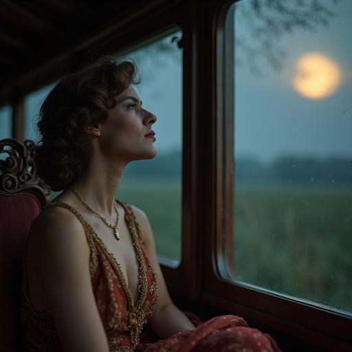 A woman from the 1920s is in her carriage. She looks dreamily outside the window. The setting has beautiful moonlight and depth in the field.