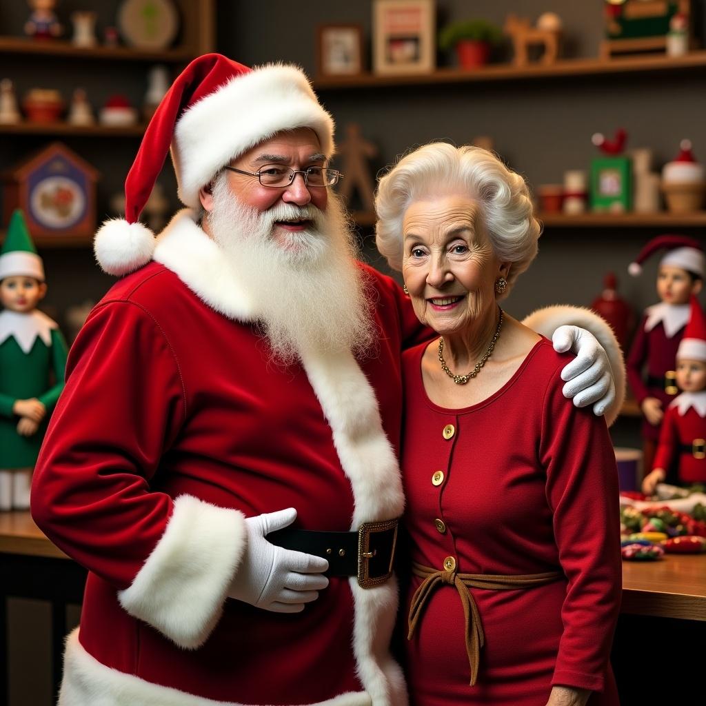 Image features Santa Claus and Mrs. Claus standing together. Background has a toy workshop filled with elves. The scene captures a warm and festive holiday spirit.