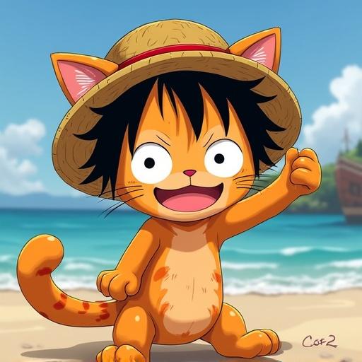 A character resembling Monkey D. Luffy from One Piece is depicted as a cute orange tabby cat. The cat has a human head with messy black hair and wears a straw hat. It has rubbery limbs and a playful expression, posed with a paw stretched forward. The background features a beach with the Thousand Sunny ship. Optional character Chopper is shown reacting.