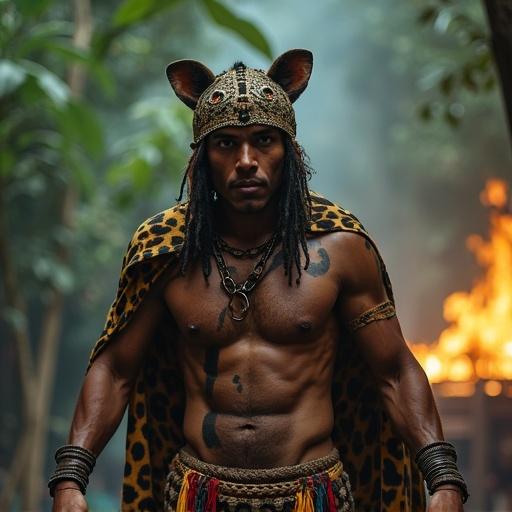 A Maya warrior dancer representing the jaguar spirit. Dancer wears a jaguar-patterned cape and body paint. He has a fierce look with jaguar ear headdress. Outfit includes a raw cotton loincloth and strong belt. Setting is jungle ritual with firelight and mist.