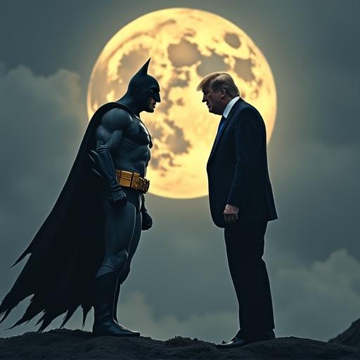 Batman confronts Donald Trump with aggression. Both stand on a cliff edge. A large detailed moon shines behind them, creating an intense atmosphere.