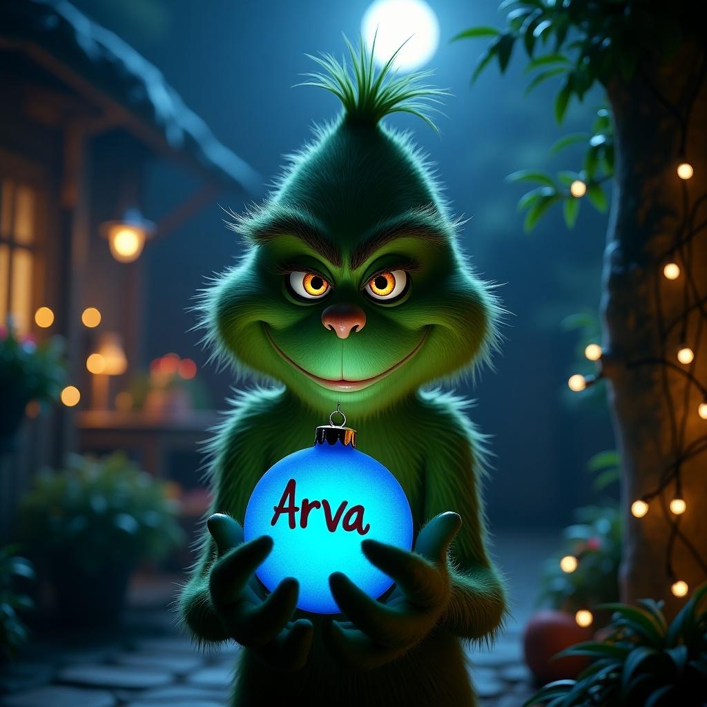 A character holding a glowing blue ornament in a garden at night. The ornament has the name Arva. The atmosphere is serene and festive.