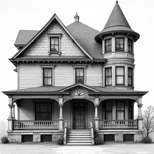 Detailed architectural rendering of large old Victorian Gothic Revival house with steep multi-gabled roof and dormer windows. Tall arched windows on upper floors. Prominent covered front porch with decorative columns and railing. Central front door and weathered light-colored siding. Frontal view isolated on a dark neutral background.