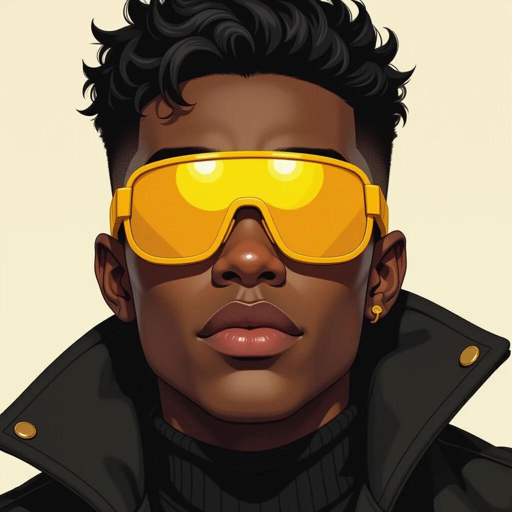 Close-up of a character wearing yellow visor glasses. The character has a textured black quiff hairstyle and shaved sides. The overcoat is black with a yellow background. Expression shows fascination and wonder. Style resembles Marvel Comics with an ultra-realistic touch.