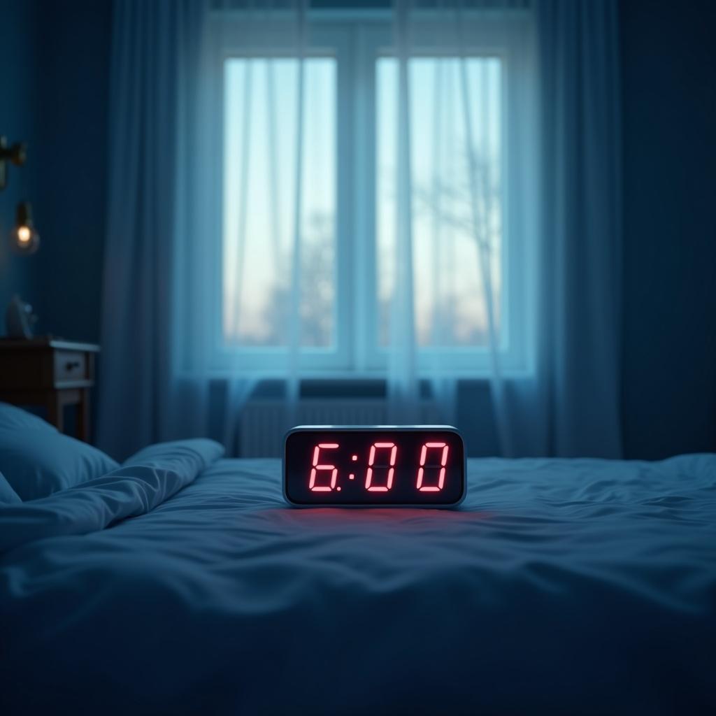 Hyper-realistic photograph of a bedroom at dawn. Soft morning light spills through curtains. Cool blue tones with delicate golden accents. A digital alarm clock displays 6:00 in bright red numerals.