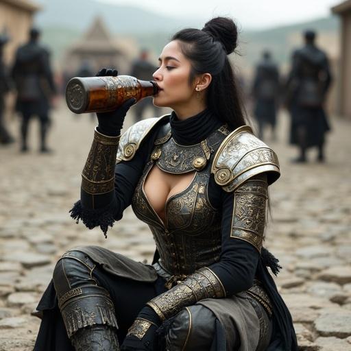 25 year old female warrior in revealing ornate metal armor. Armor is black and white with gold embellishments. Warrior sits on rugged stone ground. Relaxed smile and slightly drunk appearance. Surrounded by other warriors in a fantasy setting.