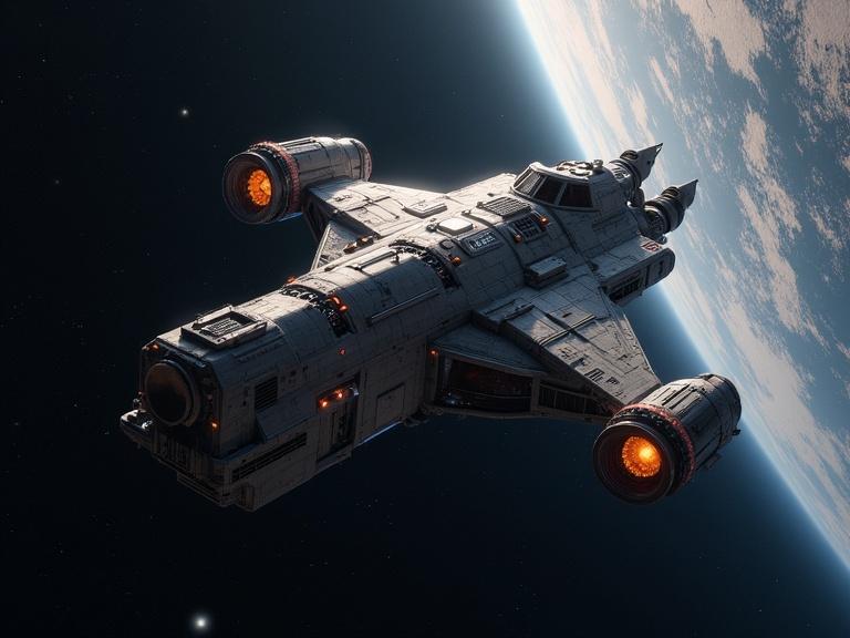 A highly detailed star cruiser in space. Realistic textures and shadows. The ship is orbiting a planet. High definition render in 4K resolution. The scene captures the vastness of space.