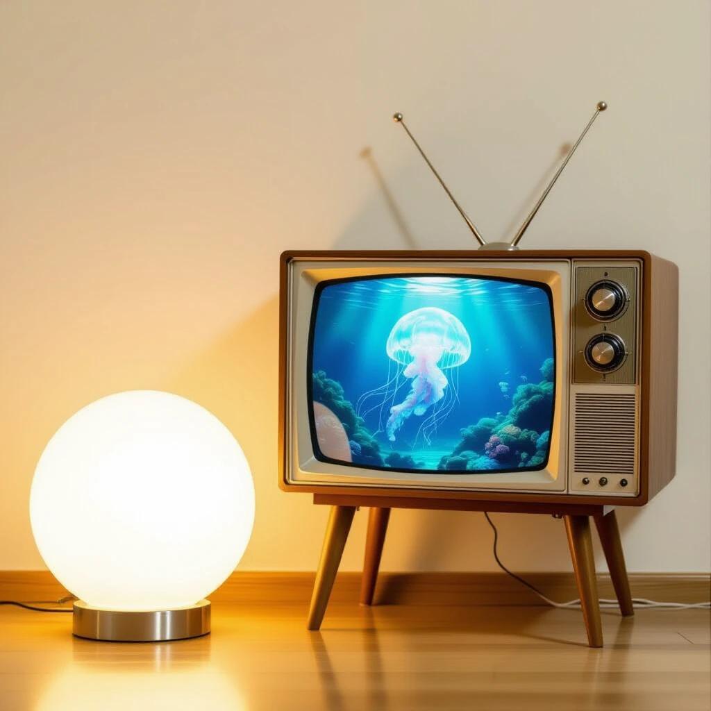 A vintage television displays a jellyfish animation. A round glowing lamp sits beside it. The scene combines retro and modern elements. The color palette is warm and soft, creating a cozy atmosphere.