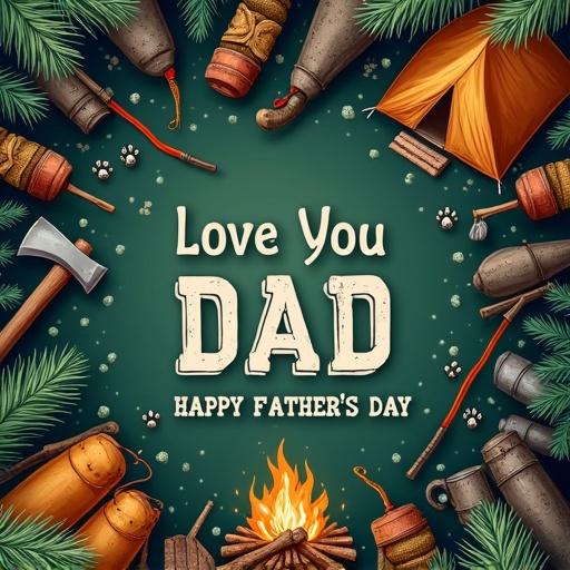 High-resolution flat lay illustration for Father's Day. Dark forest green background with camping gear like tents and axes. Features fishing rods, pine trees, and paw prints. Earthy colors. Text 'LOVE YOU DAD' in rugged font. 'HAPPY FATHER'S DAY' below.