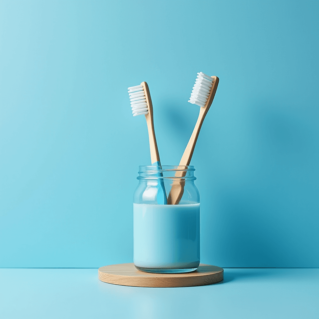 Two bamboo toothbrushes rest elegantly in a jar filled with blue liquid against a matching blue background.