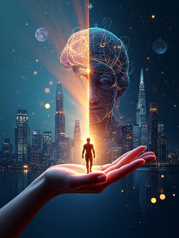 Visual representation of the AI revolution showing dual nature. One side with futuristic cities and harmonious interaction. The other side with abstract symbols of caution and ethical issues. Center piece is a bridge or balance symbol. Use technology-inspired colors blended with warm human tones. Include motifs of scales and warning signs.