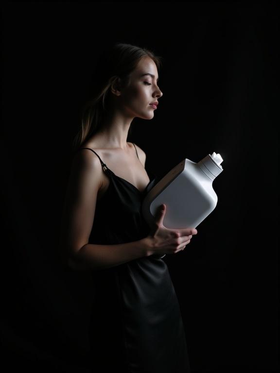 Cinematic ultra-realistic video styled as high-end editorial fashion film. Woman in dark silk dress in pitch-black background. Sharp side lighting illuminates her. She holds white vacuum cleaner close to her dress.
