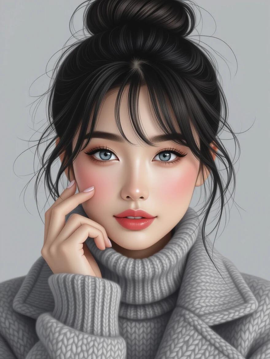 Close-up portrait of a young Asian woman with a messy bun and bangs. She has bright blue eyes and a subtle smile. Dressed in a chunky knit turtleneck and an elegant coat. Hair is detailed with intricate strands. The hand gently touches her face with long slender fingers. Soft lighting emphasizes natural skin tone and blush.