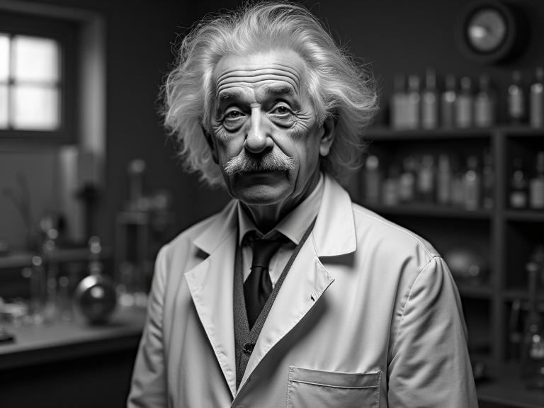 Black and white photo of a fictional elderly male scientist with wild hair and mustache in a vintage lab coat. Setting in a 1940s laboratory filled with glassware and scientific instruments. Style reminiscent of historical photography.