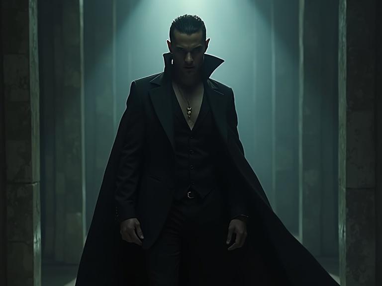 Full body view of a vampire character. Dynamic action pose with cinematic lighting. Dark, cool atmosphere. Dramatic background adds intensity. Captivating presence in a full-body shot.