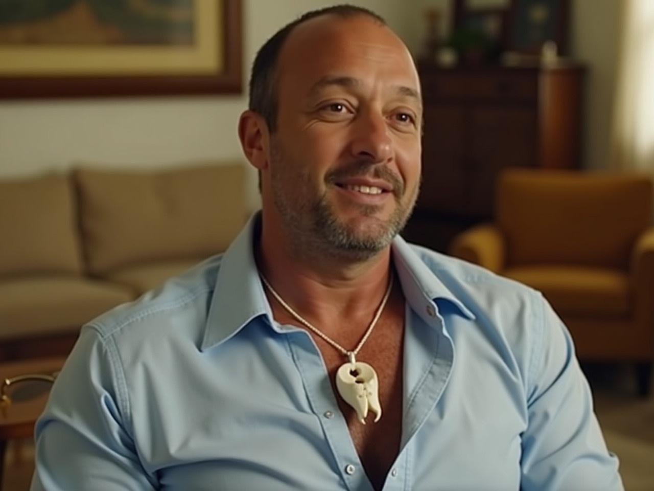 The image features a man sitting in a casual environment. He is wearing a light blue shirt that is slightly open at the collar, revealing a necklace that has a unique pendant. The pendant appears to be made from a natural material, possibly bone or a similar substance, and has an artistic design. The background shows hints of a room with wooden furniture and a painting, suggesting a comfortable and inviting space. The lighting is warm and adds to the relaxed atmosphere of the scene.