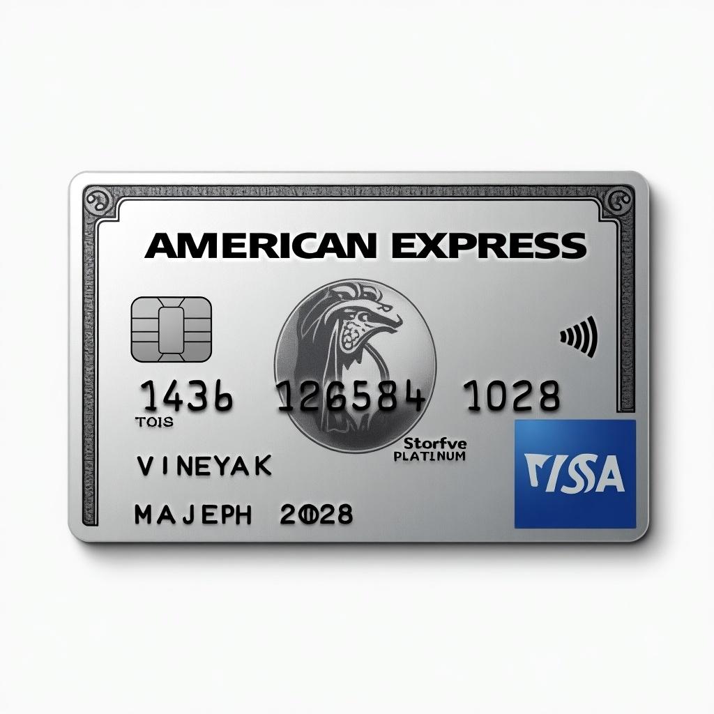 Realistic image of a platinum American Express credit card. Visa logo displayed prominently. Distinct details are visible. Cardholder name is Vinayak. Expiry date shows March 2028. Silver background with bold black font conveys modern elegance.