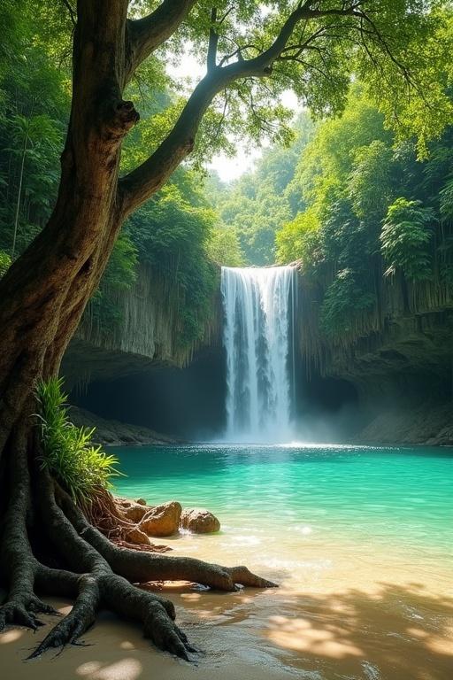 A hyper-realistic tropical waterfall deep in a lush jungle. A wide flowing waterfall cascades down a rocky cliff into a turquoise lagoon. The forest is dense and vibrant, filled with rich green foliage and textured tree trunks. In the foreground, a large twisted tree with exposed roots sits at the water's edge. The sandy shoreline beneath the clear water is visible. The atmosphere is bright and peaceful, with sunlight filtering through the leaves. The image is cinematic and nature-focused.