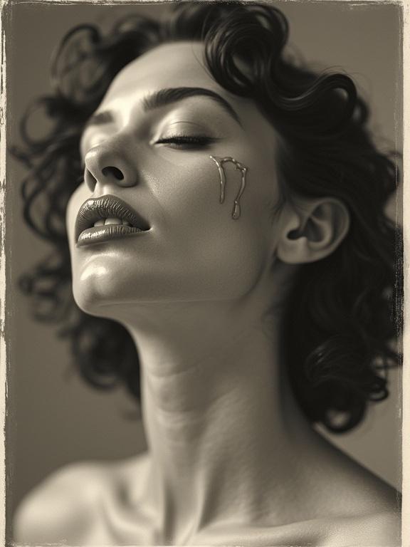 Black and white sepia vintage photograph featuring a beautiful model with yogurt splashes on lips and face. Artistic pose captured in collodion style. High contrast and soft diffused lighting from a low angle. Taken on Hasselblad 500CM with Voigtländer Nokton 50mm f1.1 lens.