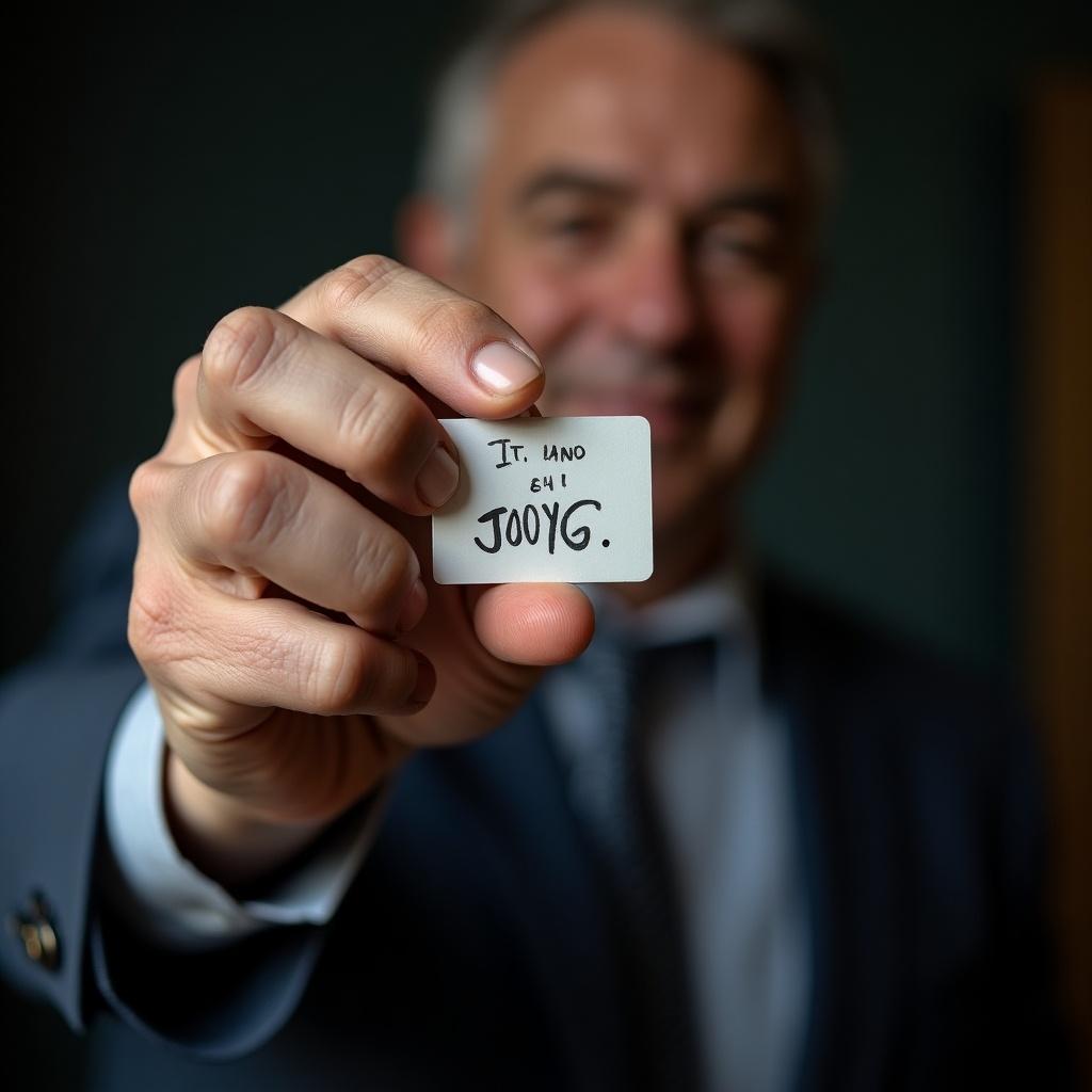 A man holds his ID card displaying age information. He is dressed in a suit. The photo focuses on his hand and the ID card he is holding.