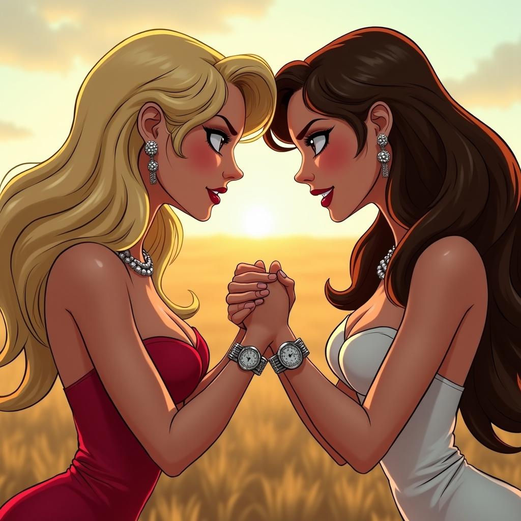 Dramatic cartoon close-up of two rival beauty queens. Blonde and brunette interlock palms in a rustic farm field. They wear short-sleeved evening gowns and flashy watches. They have long flowing hair.