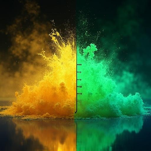 A scientific illustration depicting two states of matter. One side shows yellow powder in a disordered state. The other side displays green crystalline structures in an ordered state. A horizontal temperature scale indicates crystallization at 80 °C. The background features a soft cloudy texture for the yellow side and sharp geometric shapes for the green side. Colorful fluorescence enhances the emissions. The layout is clean and suitable for a chemistry journal.
