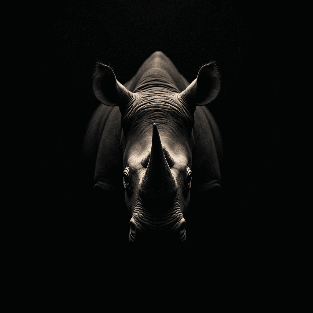 A stunning photograph of a rhinoceros emerging from darkness, highlighting its rugged texture and powerful presence.