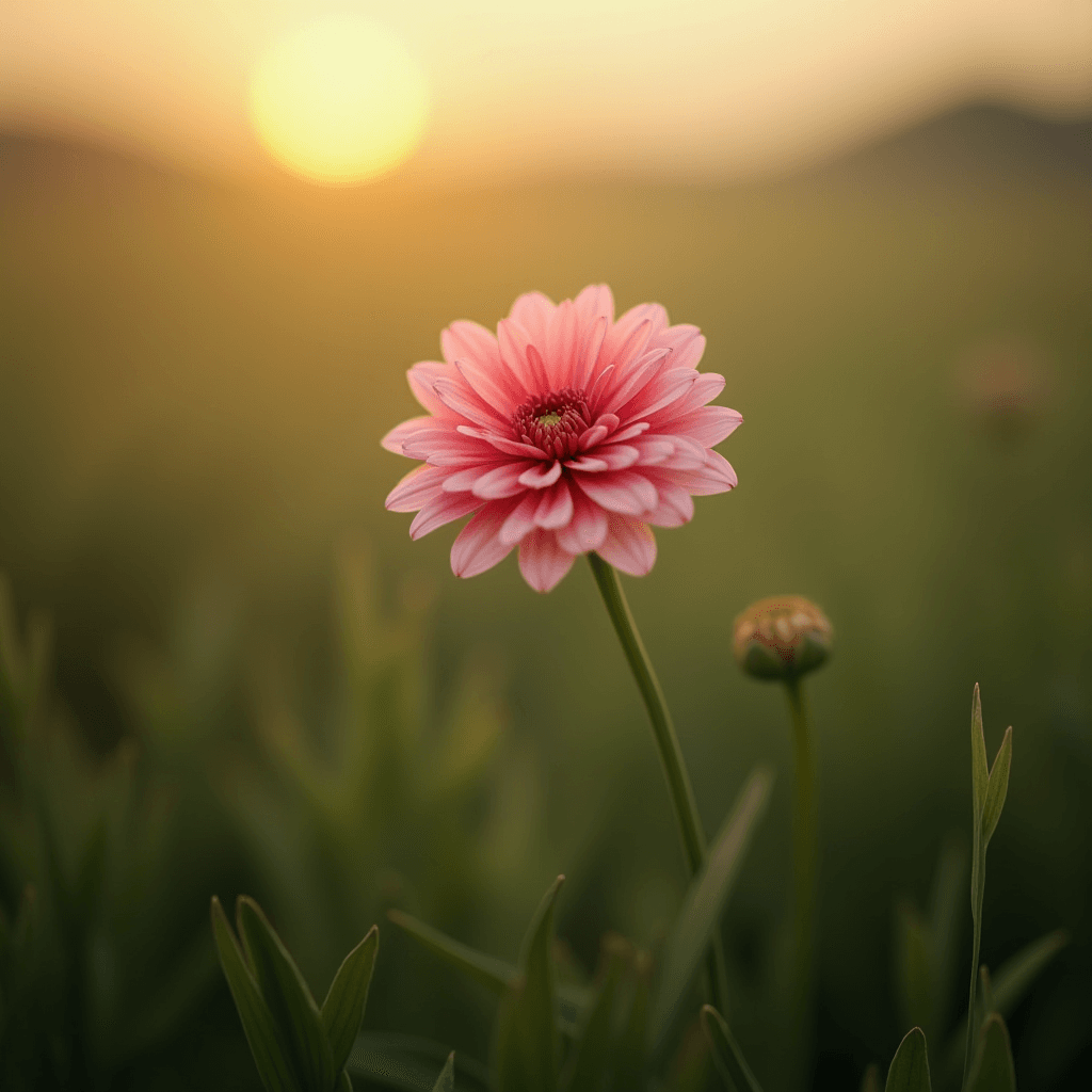 A lone pink dahlia stands elegantly against a blurred green field, with a golden sunset creating a warm, tranquil backdrop.