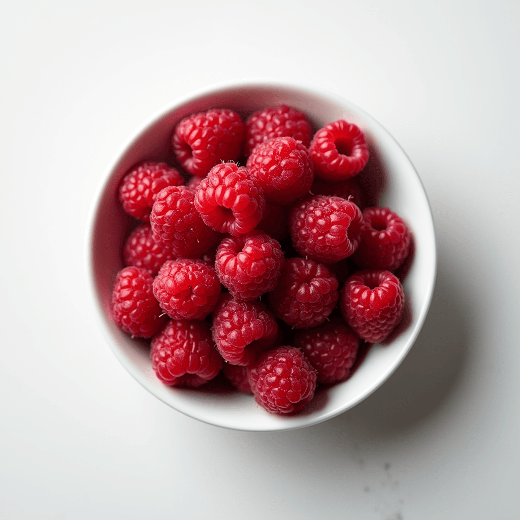 A bowl filled with ripe, vibrant red raspberries on a white background.