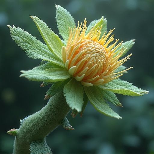 Close-up of a vibrant yellow flower with green leaves. The flower is detailed and spiky suggesting a uniqueness. The background is softly blurred to highlight the flower and its structure. The focus displays the botanical beauty in relation to scientific themes.