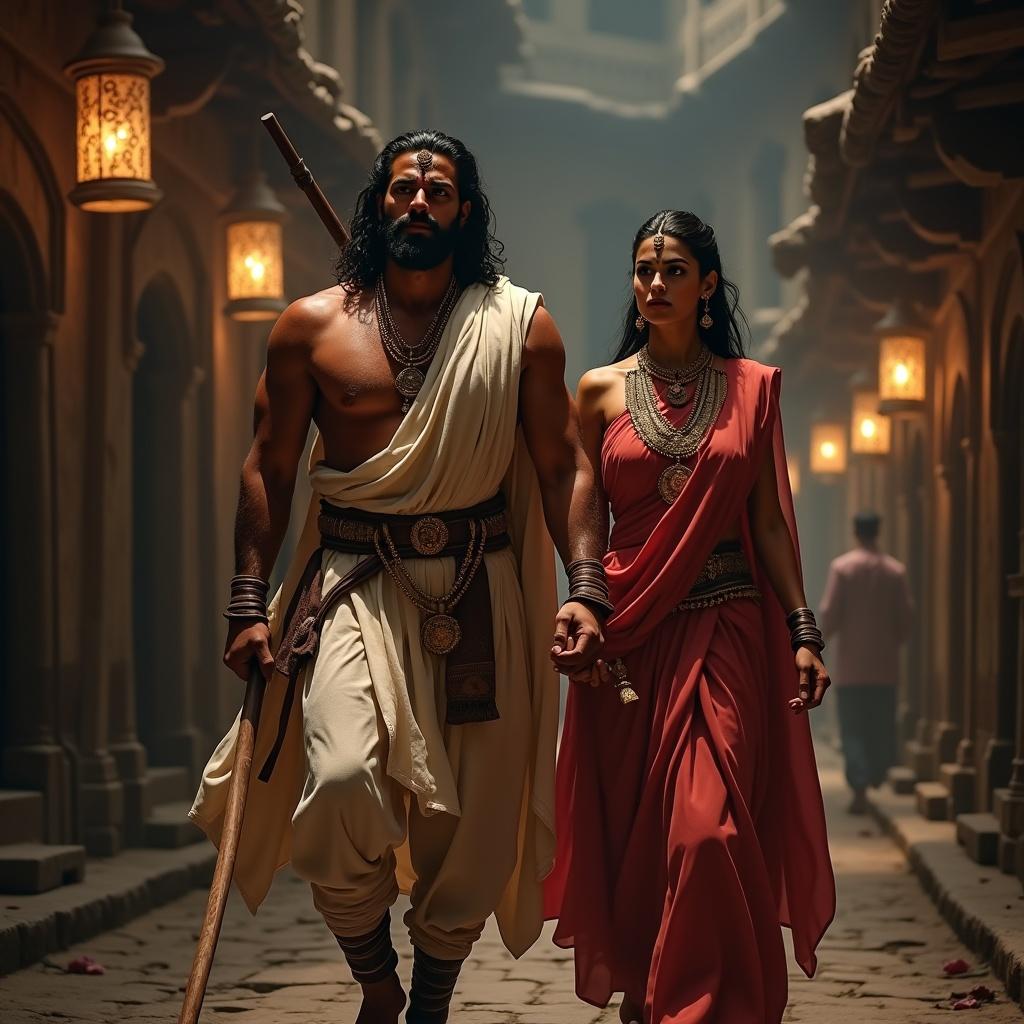 King Vikramaditya walks with his queen in a medieval street at night. Scene features dim lighting and golden lanterns. Vikramaditya holds a wooden staff. His queen looks serious as they move forward.