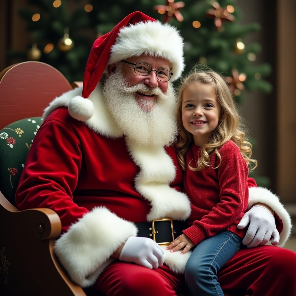 Photo realistic Santa Claus and a child share a joyful moment while seated.