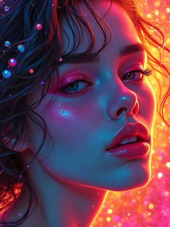 Close-up portrait of a female with vibrant facial features. Neon colors and synthwave lighting create an intricate and dynamic look.
