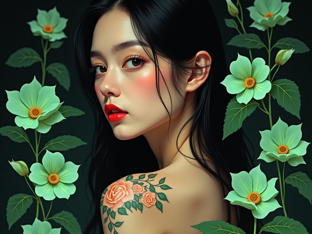 A woman with long black hair and a floral tattoo on her shoulder, surrounded by green flowers.