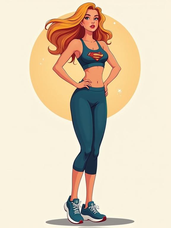 Illustration of a female superhero character wearing yoga pants and a sports bra with trainers. Hair is flowing, pose is confident, background has a warm glow.