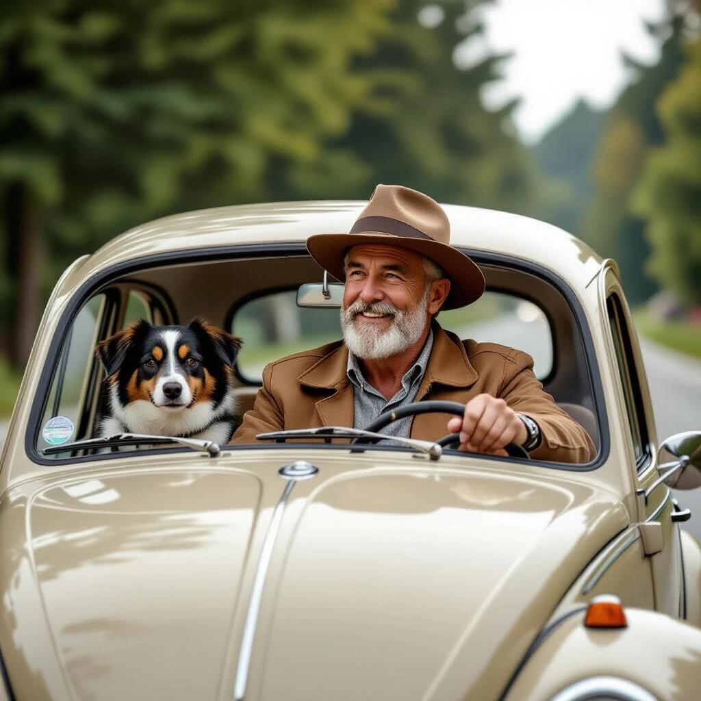 A man with a gray beard wearing a hat is driving a classic Beetle car. A dog sits in the passenger seat. The background features trees and a scenic road.