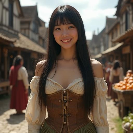 Ultra-realistic portrait of a young medieval European townswoman. Features porcelain fair skin and warm brown eyes. She wears a refined dress in earthy tones with a corset-like bodice. Long dark hair frames her face. Background includes a vibrant medieval marketplace. Soft daylight creates a warm atmosphere.