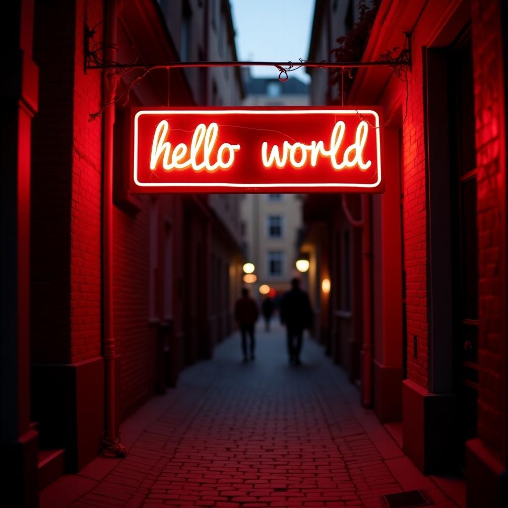 A glowing neon sign displaying 'hello world' hangs in an urban alleyway. The cobblestones below are bathed in a warm red hue from the sign. Soft lighting adds to the atmosphere of the scene. Silhouettes of people can be seen walking through the alley. This image reflects a modern and vibrant city life.