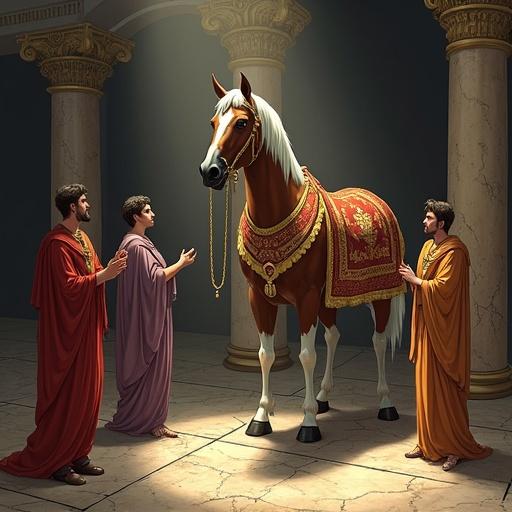 Lavish stable depicting Incitatus in marble stall. Horse adorned with embroidered blanket and ivory collar. Polished ivory manger with golden chains. Servants attend to horse with reverent expressions. Dim lighting with shafts of light illuminating dust. Style illustrates grim irony and excess in muted earth tones and shadows.