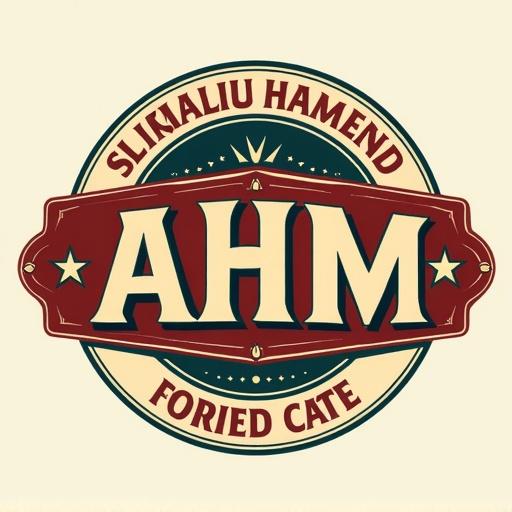 A colorful vintage logo featuring initials AHM. The design is circular with a classic aesthetic. It includes decorative elements and a bold color palette.