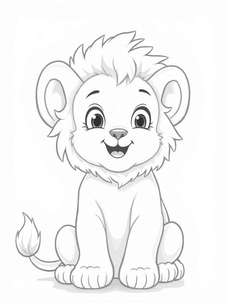 Black and white illustration of a cute lion cub sitting calmly. Large expressive eyes and playful smile. Simple drawing captures innocence and charm with soft, rounded features and stylized proportions.