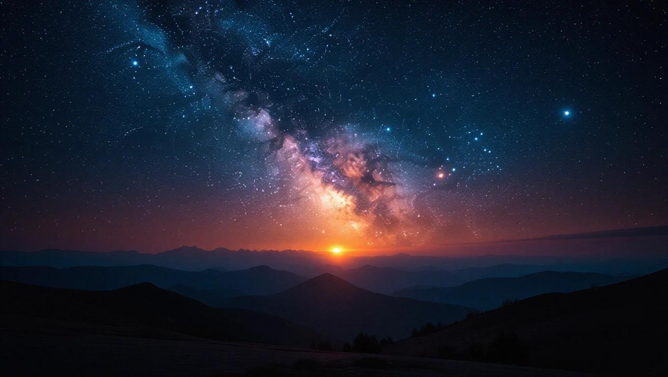 Raw photo of a dark dreamlike surreal landscape under a colorful nebula sky