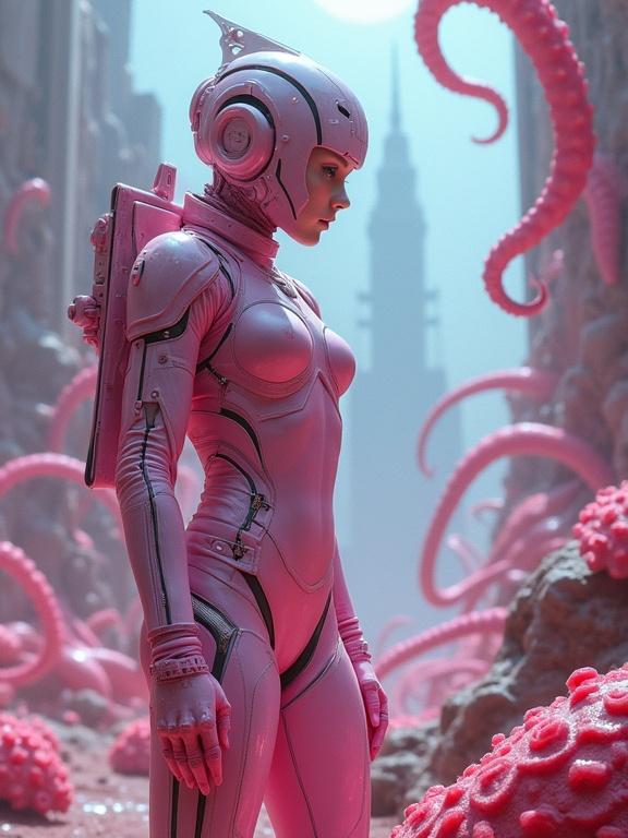 Detailed scifi action movie scene. Young female in pink spacesuit. Urban alien terrain. Colorful tentacles and fauna. Dynamic pose. Spaceship and robots in background. Cinematic close-up.