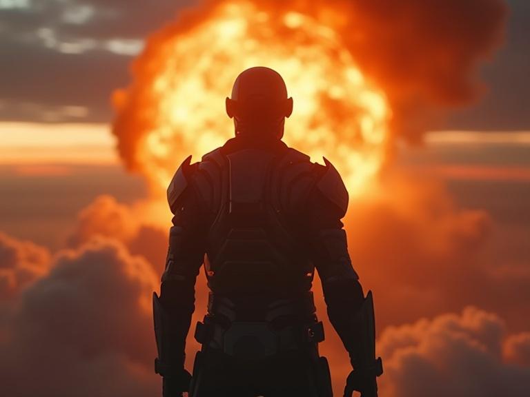 Create a cinematic scene showcasing a tall buff male silhouette in segmented armor. Show a dramatic explosion behind him at sunset above the clouds. Capture elements like shadows and realism. Use HDR and VFX for enhanced details.