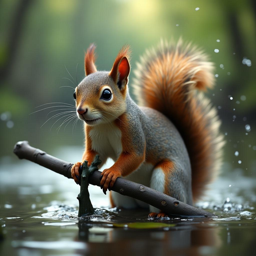 Squirrel stands in shallow water on a stick. Background blurred with greens and browns. Dappled light shines on the squirrel's fur. Water droplets splash around.