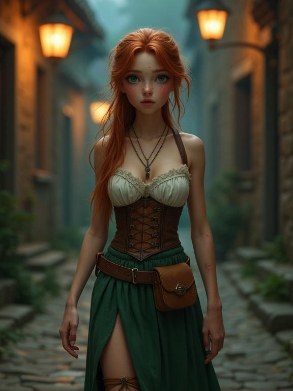 A photorealistic image of a teenage girl in a medieval street at midnight. She has long copper hair in a ponytail, pale skin, and freckles. The girl wears a strapless white top, a brown corset, and a green skirt. She carries a pouch at her waist. The street is shadowy with cobblestones and illuminated by lanterns.