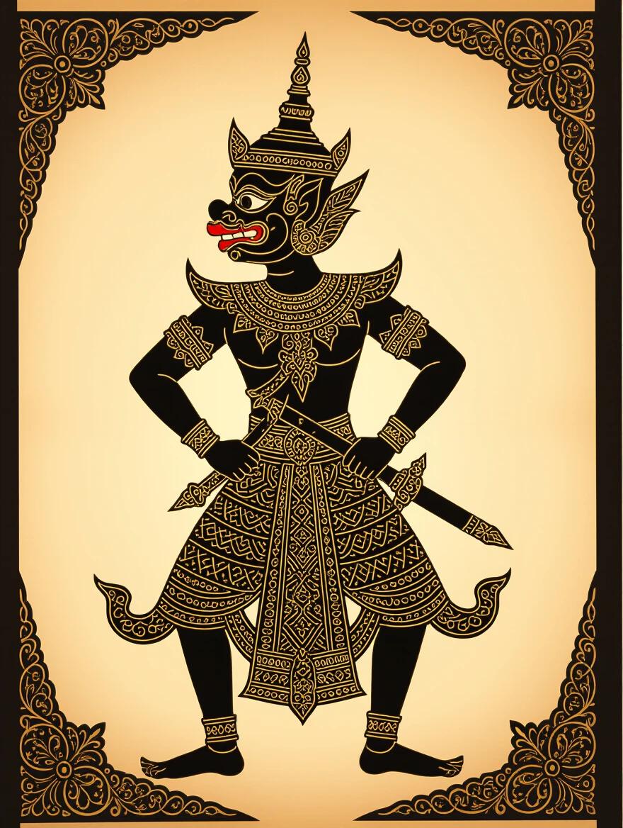 A traditional Wayang Kulit character shown in dramatic side profile. Features intricate leather cut-out patterns. Ornate golden accessories visible. Backlit to cast sharp shadows against a parchment background. Stylistic and culturally rich representation.
