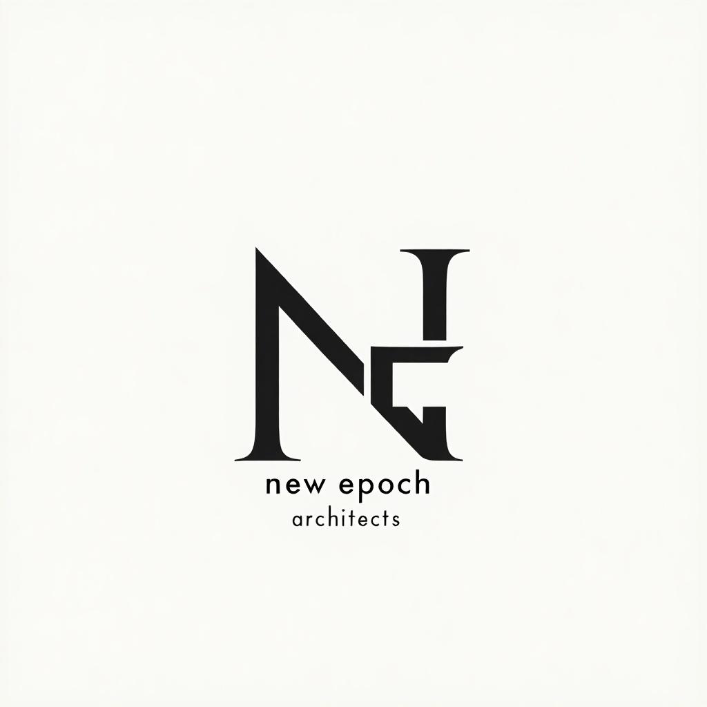 Logo design for a firm named 'new epoch architects'. Minimal and bold appearance. Letters N and E as the central element. Text 'new epoch' below. Word 'architects' further below. Emphasis on sleek and simple design.